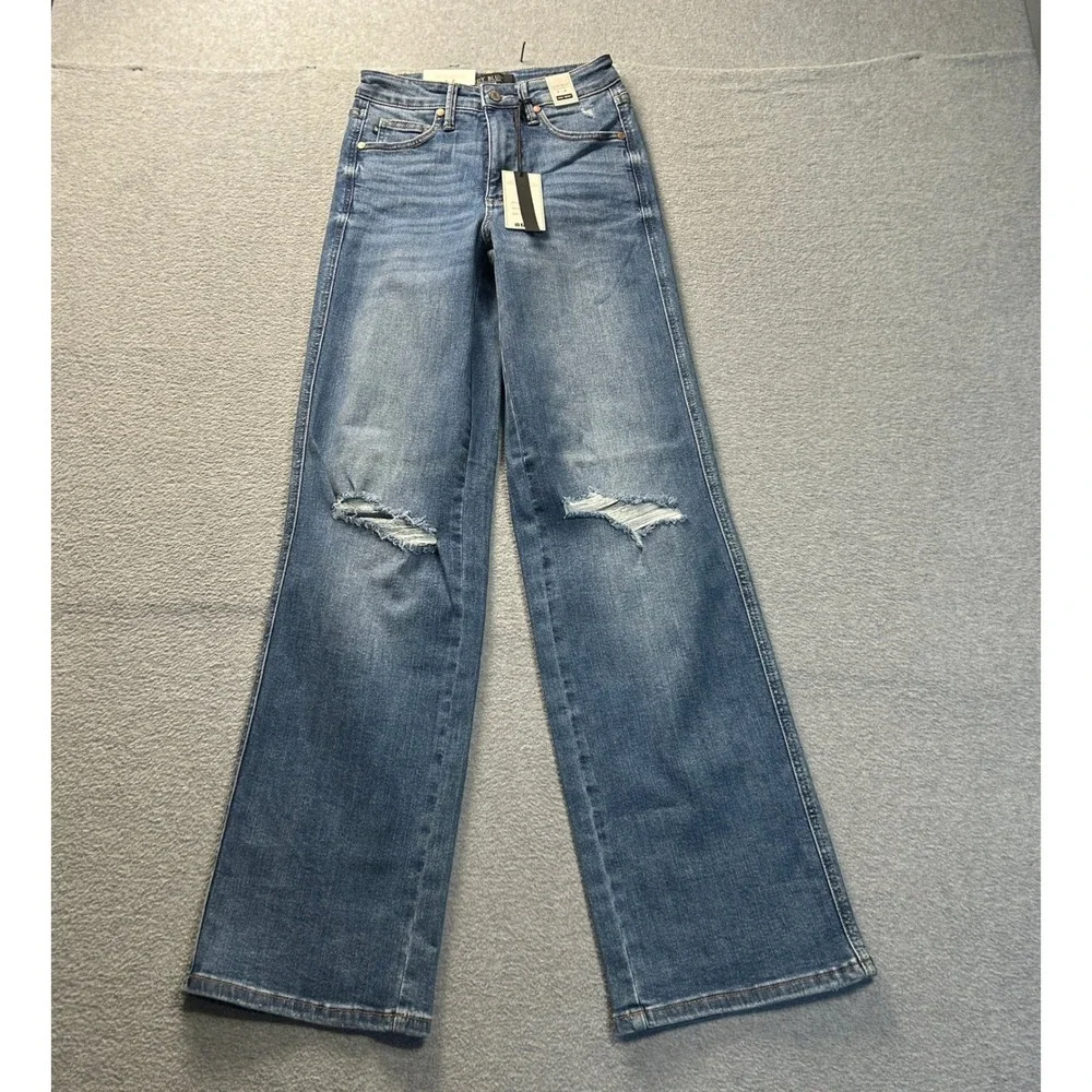 Judy BlueWide Leg Jeans Womens 0/24 HighRise Tummy Control Blue Denim Distressed